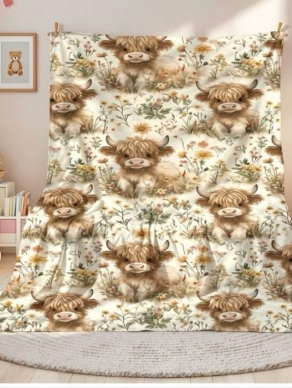 Source Unknown Cream Highland Cow Floral Throw Blanket